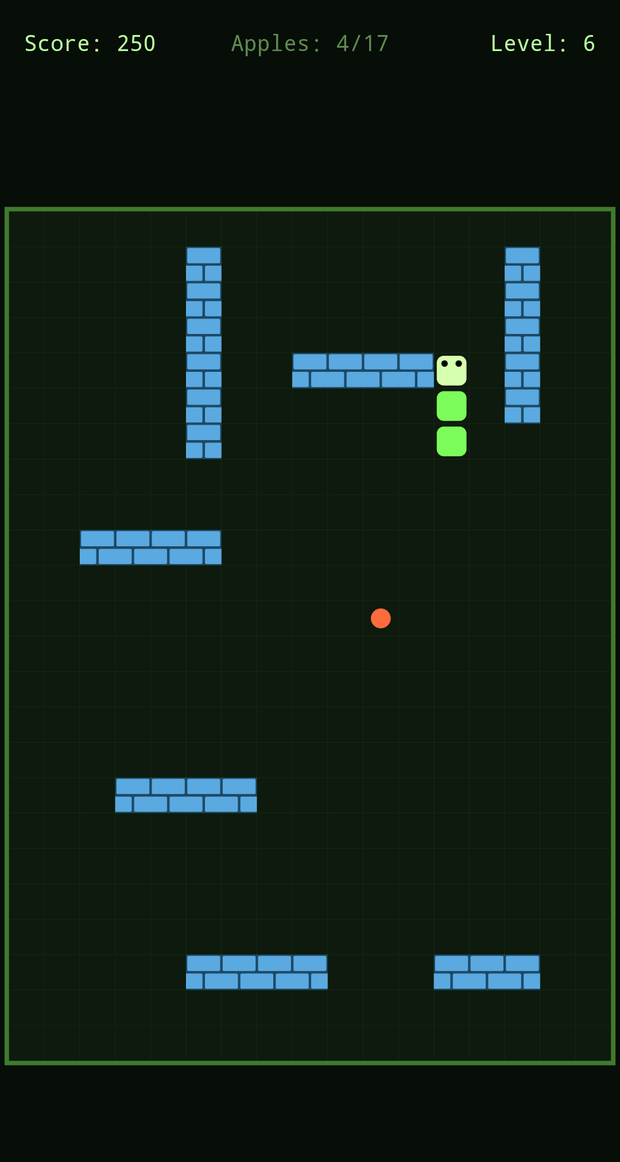 Level six: the snake beside a brick wall, with an apple on the open field below.